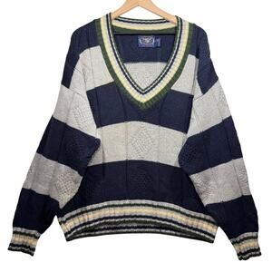Vintage Lake Harmony Rowing Sweater Blue Striped Knit V-Neck USA 90s Men’s L
